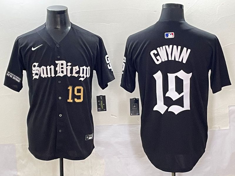 Men 2025 San Diego Padres #19 Gwynn Black Five generations Joint Name Nike MLB Jersey style 3
